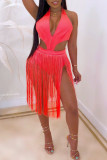 Red Sexy Solid Color Hollow Out Patchwork Swimwears