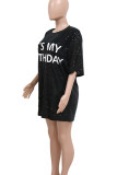 Red Casual Letters Sequins Patchwork O Neck Straight Dresses