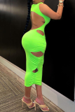 Green Sexy Solid Hollowed Out Half A Turtleneck Pencil Skirt Dresses