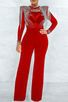 Red Casual Solid Color Patchwork Hot Drill Zipper O Neck Regular Jumpsuits