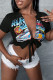 Blue Black Sexy Print Patchwork Strap Design Cardigan Collar T-Shirts