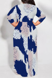 Blue Casual Street Geometric Print Lace Up Contrast Scarf Collar Printed Plus Size Dresses