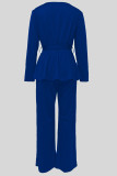 Royal Blue Casual Solid Color Patchwork Strap Design O Neck Long Sleeve Two Pieces