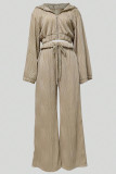 Khaki Casual Solid Color Draw String Pocket Patchwork Zipper Zipper Collar Long Sleeve Two Pieces