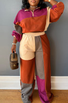 Tangerine Casual Draw String Patchwork Zipper Contrast Zipper Collar Long Sleeve Two Pieces