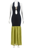 Black Elegant Hollow Out Patchwork Contrast Deep V Neck Long Dresses