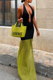 Black Elegant Hollow Out Patchwork Contrast Deep V Neck Long Dresses