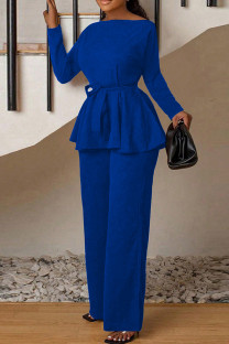 Royal Blue Casual Solid Color Patchwork Strap Design O Neck Long Sleeve Two Pieces