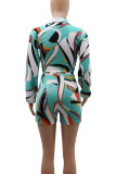 Green Casual Print Pocket Patchwork Strap Design Cardigan Collar Long Sleeve Two Pieces