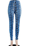 Blue Casual Print Patchwork Skinny Mid Waist Pencil Full Print Bottoms