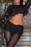 Black Sexy Solid Color Patchwork Mesh O Neck Long Sleeve Two Pieces