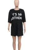 Red Casual Letters Sequins Patchwork O Neck Straight Dresses