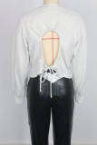 White Casual Solid Color Hollow Out Patchwork Strap Design O Neck Tops