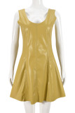 Khaki Sexy Solid Color Patchwork V Neck A Line Dresses