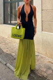 Black Elegant Hollow Out Patchwork Contrast Deep V Neck Long Dresses