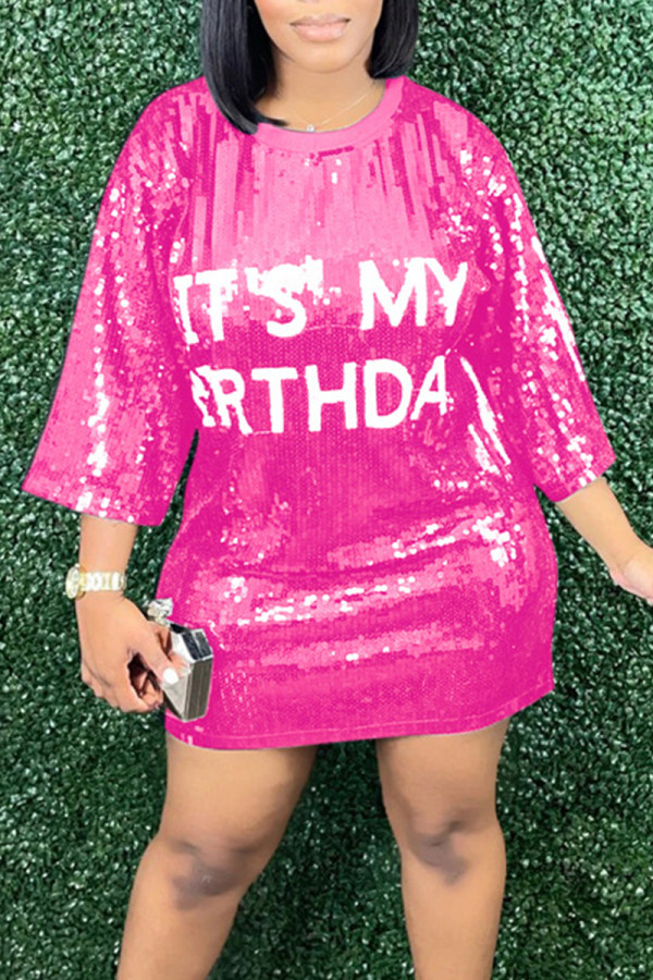 Rose Red Casual Letters Sequins Patchwork O Neck Straight Dresses