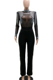 Red Casual Solid Color Patchwork Hot Drill Zipper O Neck Regular Jumpsuits