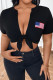 Black Sexy Print Patchwork Strap Design Cardigan Collar T-Shirts