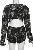 Black Sexy Solid Color Patchwork Mesh O Neck Long Sleeve Two Pieces