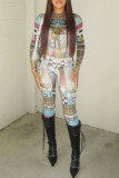 Colour Casual Print Patchwork O Neck Long Sleeve Two Pieces
