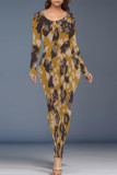 Earth Yellow Casual Street Floral Print Contrast O Neck Printed Dresses