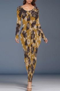 Earth Yellow Casual Street Floral Print Contrast O Neck Printed Dresses