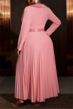 Pink Casual Party Solid Color Sequins Patchwork V Neck Pleated Dresses
