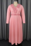 Pink Casual Party Solid Color Sequins Patchwork V Neck Pleated Dresses