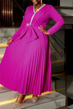 Rose Red Party Formal Solid Color Patchwork Bow Decor V Neck Pleated Dresses