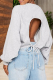 White Casual Solid Color Hollow Out Patchwork Strap Design O Neck Tops