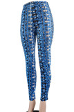 Blue Casual Print Patchwork Skinny Mid Waist Pencil Full Print Bottoms