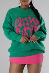 Green Casual Letters Basic O Neck Tops