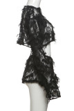 Black Sexy Solid Color Patchwork Mesh O Neck Long Sleeve Two Pieces