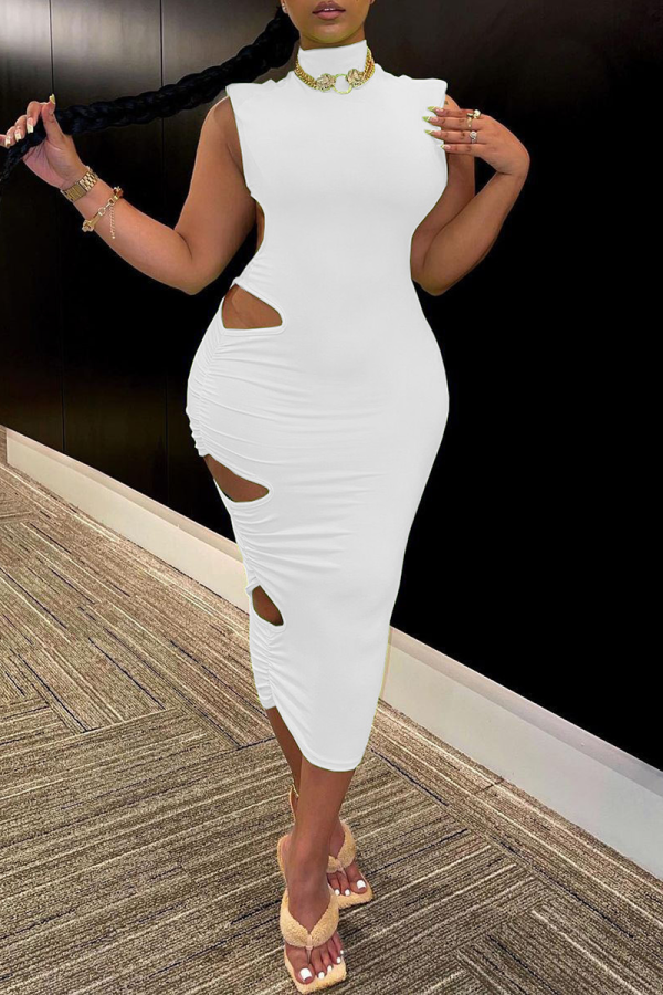 White Sexy Solid Hollowed Out Half A Turtleneck Pencil Skirt Dresses