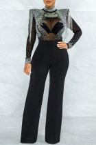 Black Casual Solid Color Patchwork Hot Drill Zipper O Neck Regular Jumpsuits
