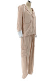 Khaki Casual Solid Color Pocket Buttons Patchwork Turn-back Collar Long Sleeve Two Pieces