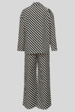 Black Casual Stripe Buckle Patchwork Contrast Turndown Collar Long Sleeve Two Pieces