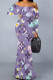Light Purple Sexy Street Camouflage Print Letters Ruffle Contrast Off Shoulder Printed Dresses