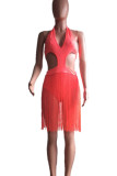 Red Sexy Solid Color Hollow Out Patchwork Swimwears