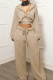Khaki Casual Solid Color Draw String Pocket Patchwork Zipper Zipper Collar Long Sleeve Two Pieces