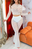 White Sexy Solid Color Patchwork See-Through O Neck Long Sleeve Two Pieces