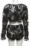 Black Sexy Solid Color Patchwork Mesh O Neck Long Sleeve Two Pieces