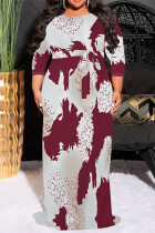 Burgundy Casual Street Geometric Print Lace Up Contrast Scarf Collar Printed Plus Size Dresses