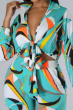 Green Casual Print Pocket Patchwork Strap Design Cardigan Collar Long Sleeve Two Pieces