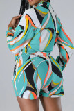 Green Casual Print Pocket Patchwork Strap Design Cardigan Collar Long Sleeve Two Pieces
