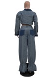 Blue Casual Patchwork Buttons Contrast Turndown Collar Long Sleeve Two Pieces