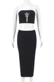Black Sexy Patchwork Backless Hot Drill Strapless Two Pieces