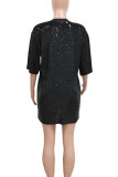 Red Casual Letters Sequins Patchwork O Neck Straight Dresses