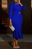Blue Party Formal Elegant Solid Color Patchwork Turndown Collar Fishtail Dresses