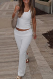 White Casual Solid Color Patchwork U Neck Two Pieces